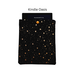 A pouch with a snap closure to protect Kindle e-readers made with black with gold metallic stars fabric.